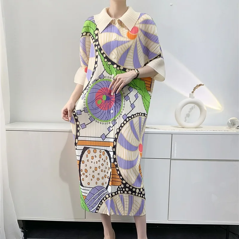 Ata Yake-Robes imprimées plissées mi-longues pour femmes, jupes décontractées à manches chauve-souris, grande taille, mode adt, début du printemps, nouveau, 2024