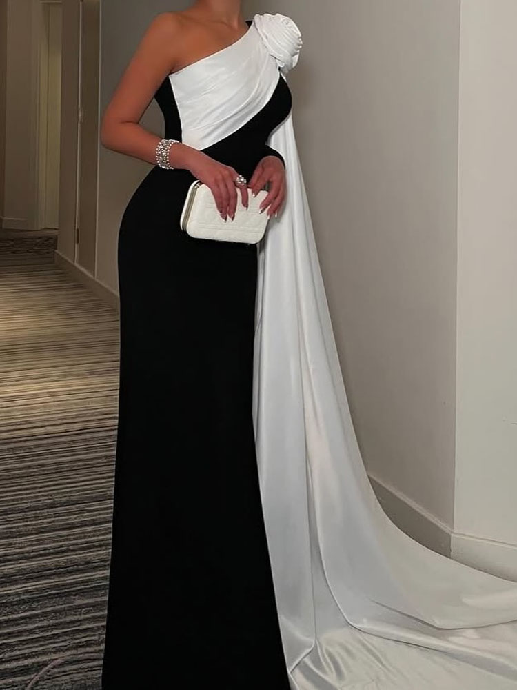 Robe longue décontractée, couleur bloquée, Slim, élégante, asymétrique épaule dénudée, manches longues, mode femme, taille haute, drapée, robe sirène