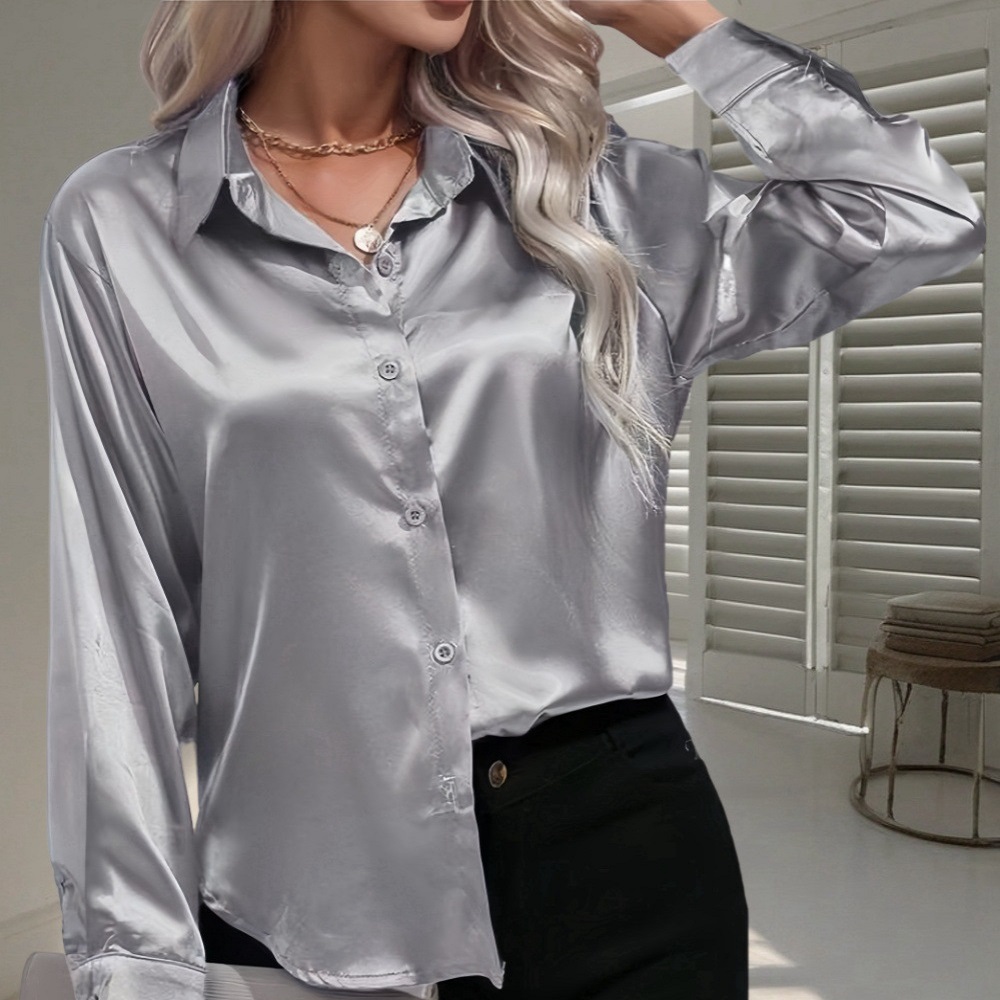    Femmes printemps été Blouses et chemises élégant Satin fausse soie à manches longues chemise décontractée hauts simple boutonnage hauts basiques