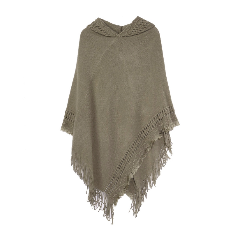 Poncho à capuche en tricot pour en Crochet, franges, châle, pull portefeuille, hiver, L21E