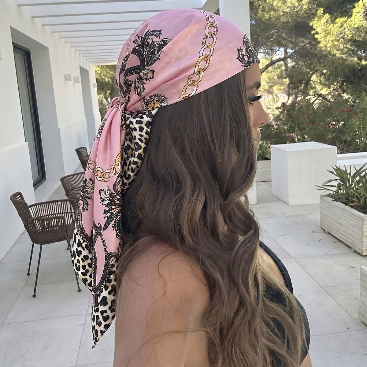 Foulard carré imprimé à motif chaîne pour femme, en satin doux imitation soie, écharpe, bandana, hijab de luxe, foulard élégant, châle