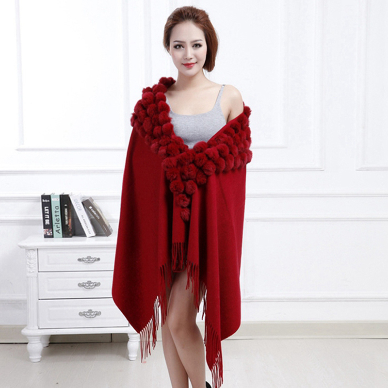Écharpe d'hiver 100% laine pour femme, châle en vraie fourrure noir, nouveau châle en cachemire pashmina avec pompon en fourrure de lapin, écharpe cape chaude d'automne