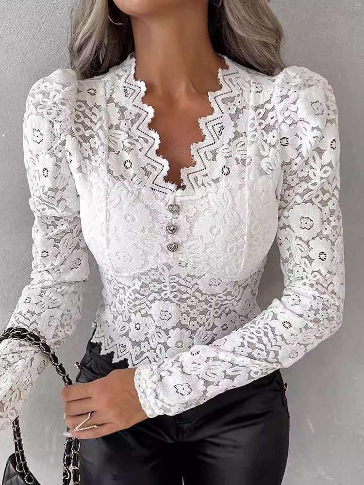 Dentelle nouveau printemps automne blanc chemise haute mode élégant Sexy col en V mince pour les femmes décontracté vacances fête chemises femmes vêtements