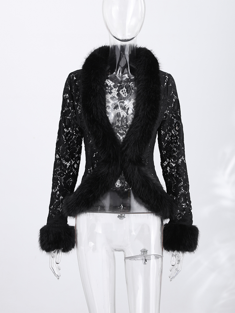 Manteau en fourrure élégant pour femme, automne-hiver 2026, avec empiècements en dentelle, col en V, manches longues, taille cintrée, mode streetwear féminine, nouveauté.
