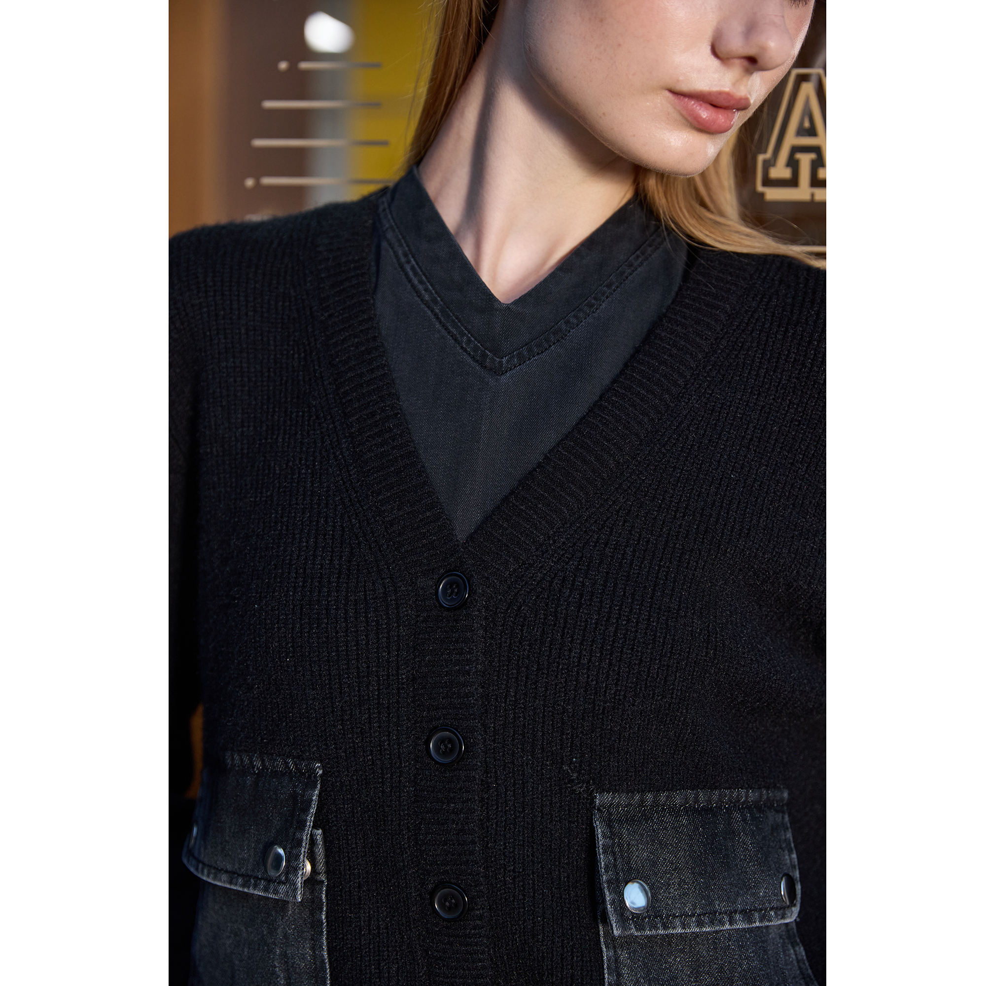 AP femmes 2026 automne et hiver Denim col en v robe tricot Cardigan col montant Modal chemise