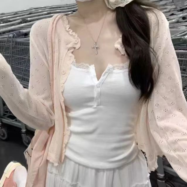 Cardigan rose à manches longues pour femmes, mode coréenne Kawaii, Harajuku, Y-CoAdvantages, chemises esthétiques, vêtements d'été de style coréen