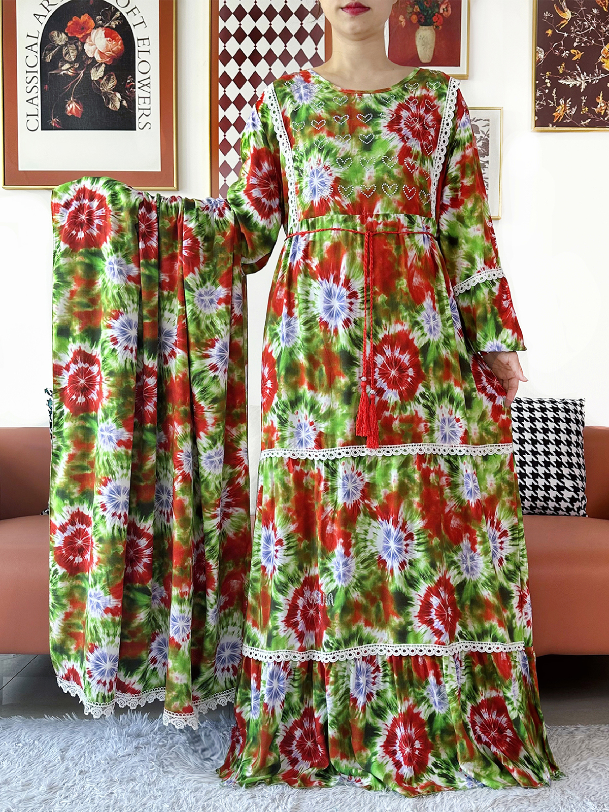 Nouvelle Robe de Soirée Kashkha pour Femme avec Grand Foulard, Abaya Florale en Coton, Boubou Africain, Kaftan Ample Musulman, Robe Longue pour le Ramadan