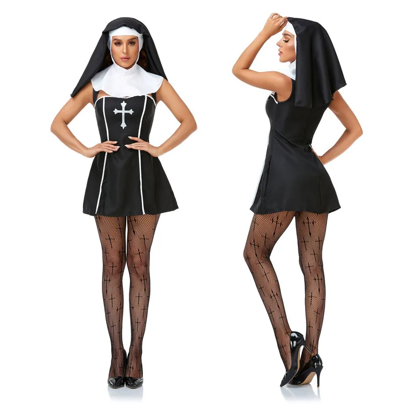 Costume de Cosplay de ixd'Halloween de Pâques pour Adulte, Sexy, Nonne, Femme, Prière, Enseignant, Noir et Blanc, Scène Trempée