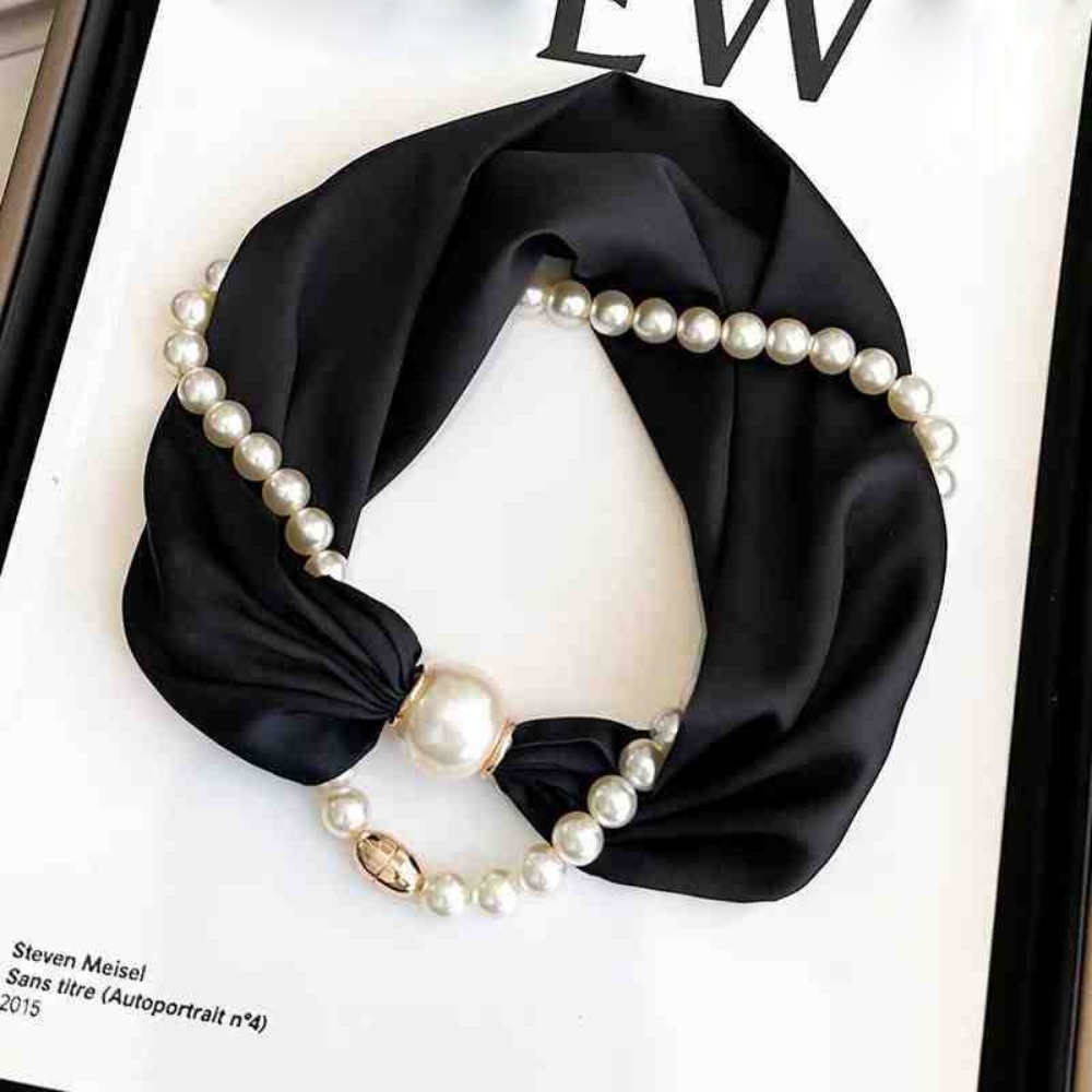 Élégant foulard de cou à boucle magnétique avec collier chaîne de perles, écharpe fine en satin, foulard étroit et doux