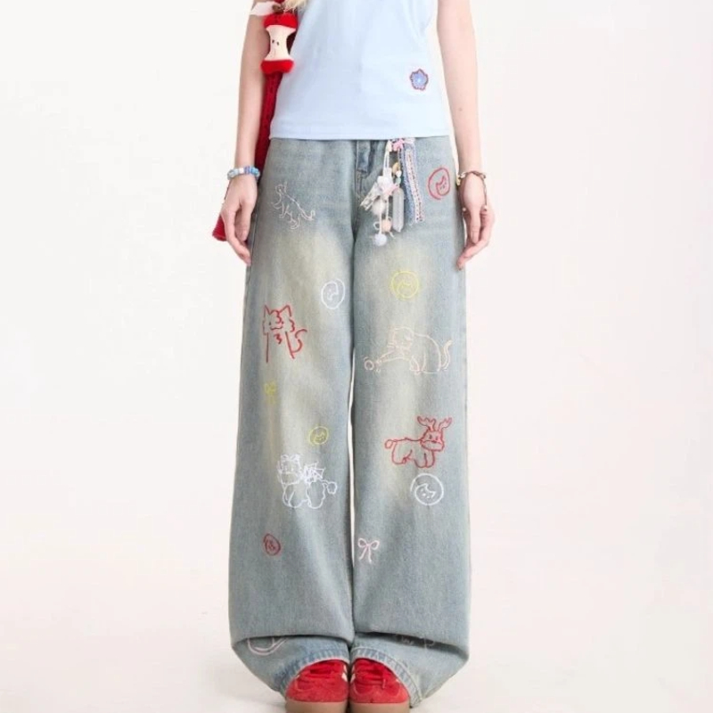 Jean pour femme Y2k pantalon rétro délavé Denim jambe droite pantalon à jambes larges dessin animé broderie conception confortable usage quotidien