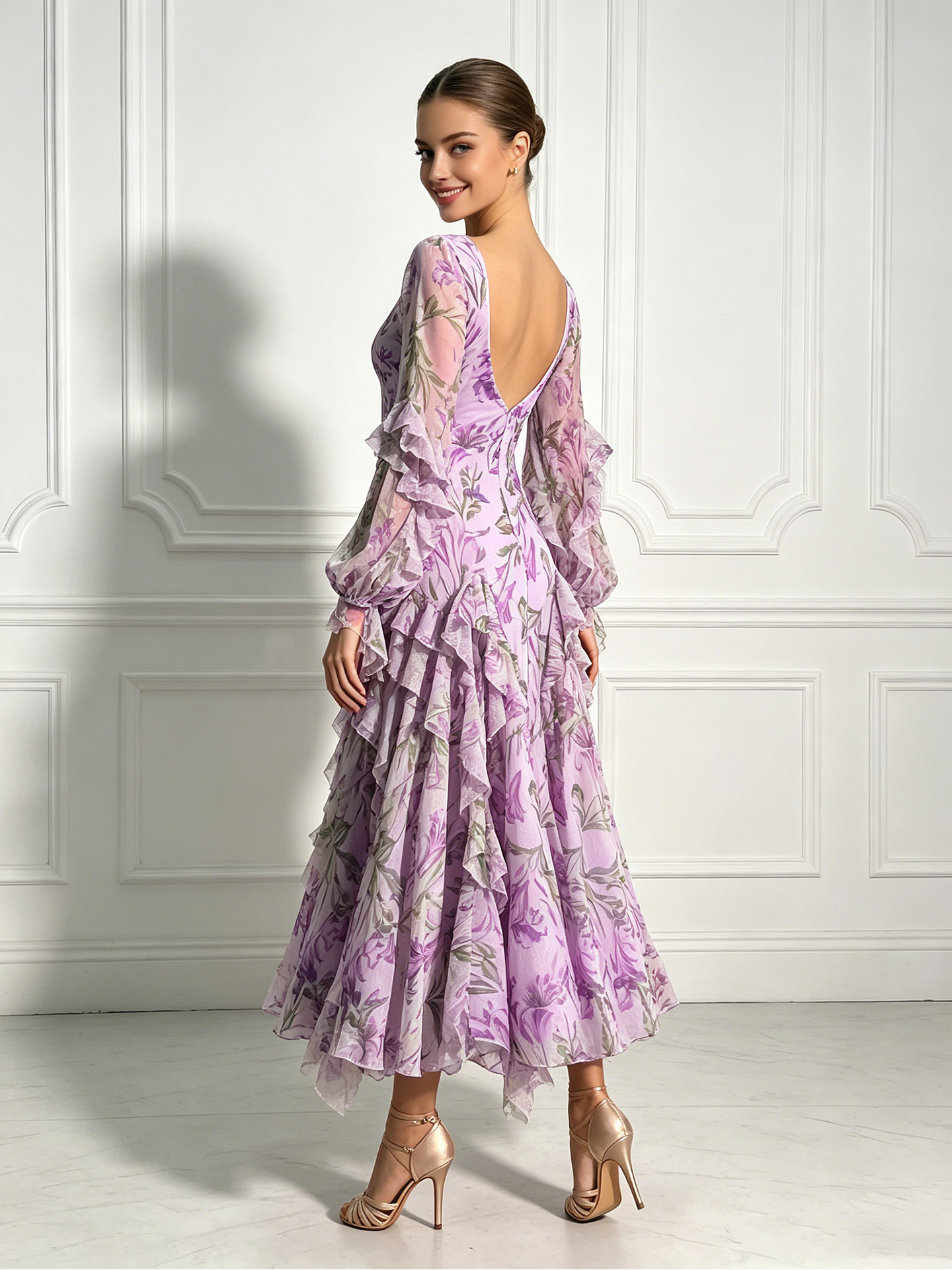 Robe de danse de salon pour femme, imprimé floral violet, dos nu, manches longues, volants, grande jupe évasée, pour la danse de la valse, la compétition moderne et la pratique