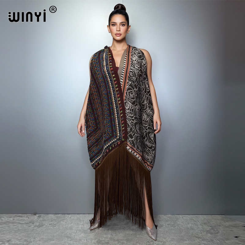 WINYI Cardigan plissé à franges pour femmes, imprimé bohème, robe de plage, caftan, vêtement de plage de luxe, abaya Dubaï