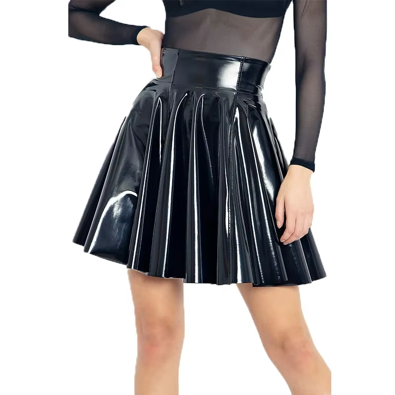 Jupe plissée grande taille pour femmes, en Faux cuir verni brillant, élégante, couleur unie, Mini jupe parapluie, tendance de styliste, jolie jupe trapèze