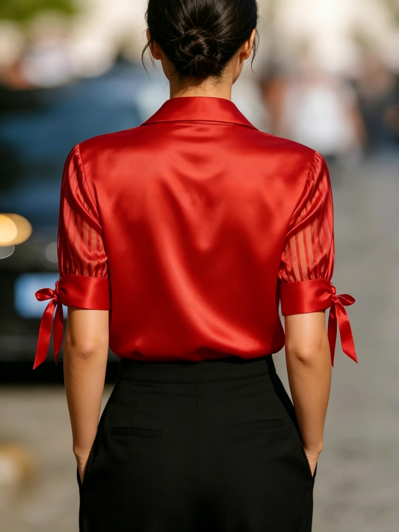 Chemisier en satin pour femme avec panneau transparent rayé et poignets à nœud papillon, élégant, à manches courtes et col en V, idéal pour le bureau, les soirées et le quotidien