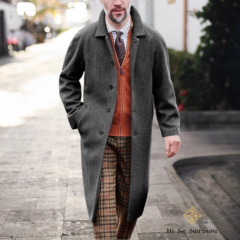Rétro hommes Long Trench manteau chevrons vestes Tweed coupe ajustée bal Peacoat laine mélange Blazer manteaux décontracté hommes veste d'hiver