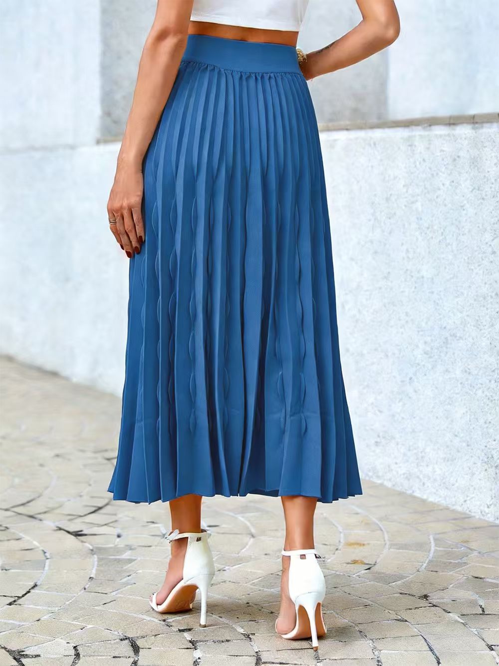 Jupe plissée bleue pour femmes, jupe mi-longue décontractée pour les vacances, pour dames