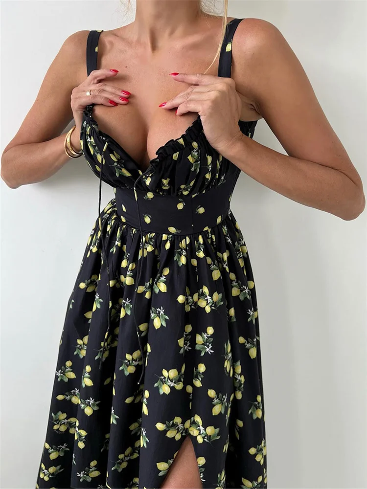 Robe Maxi pour femmes, col en v, imprimée, élégante, à lacets, nouvelle mode, sans manches, moulante, contrastée, été 2025