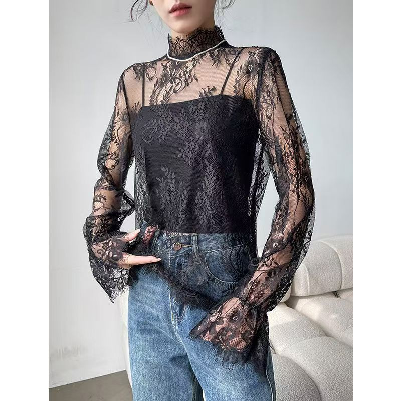 Femmes dentelle broderie florale Blouses chemise femme hauts blancs Sexy maille Blouses Transparent élégant Transparent noir Blouse chemise