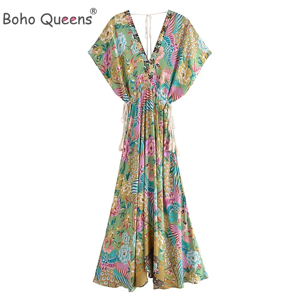 Boho Queens Women Peacock Floral Print Bat Sleeve Beach Bohemian Maxi Dresses Ladies V Neck Tassel Summer Rayon Dress