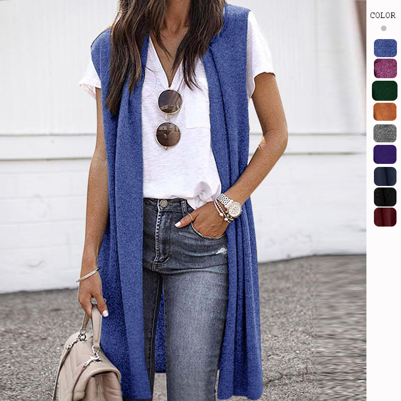 Mode femmes tricots décontractés manteau Cardigan à la mode longue sans manches gilet veste