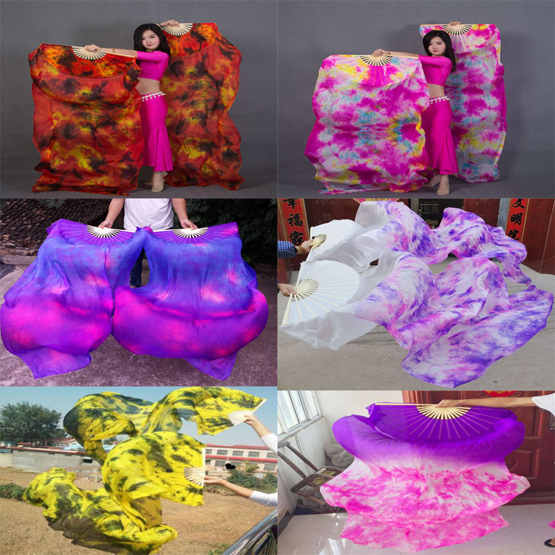 Voiles d'éventail en soie 100% véritable pour danse du ventre, 1 paire/2 pièces, voile d'éventail en soie teint par nouage pour spectacle sur scène, éventail d'entraînement pour filles adultes