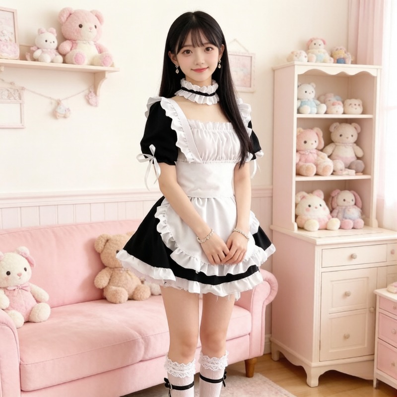 Costume de cosplay de demoiselle d'honneur japonaise mignon, style Lolita, uniforme noir et blanc, ensemble complet, dentelle gothique, pour fête, Halloween, scène