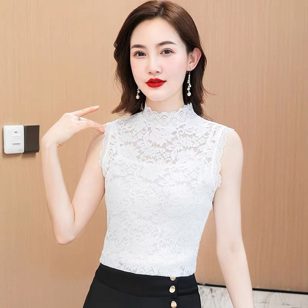Débardeur à fleurs élégant à col mi-haut, t-shirt élastique noir et blanc, gilet sans manches pour femmes et filles, L-3XL