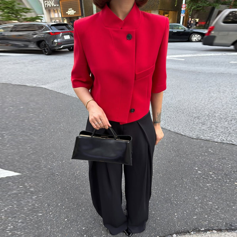 Blazer court à manches courtes pour femme, élégant, col montant, nouvelle tendance, style décontracté urbain