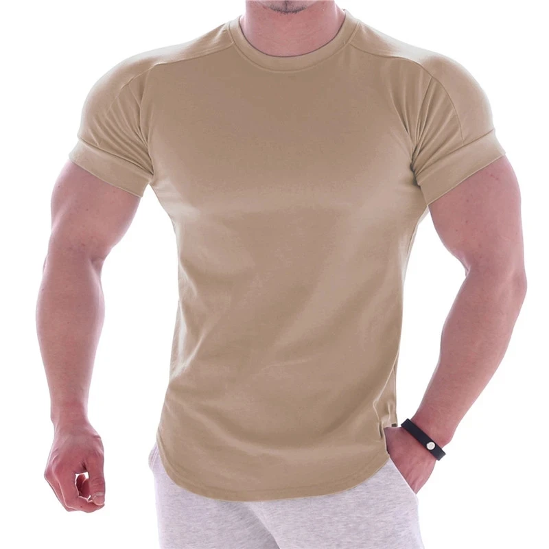 NOUVEAU T-shirt d'été pour hommes, coupe ajustée et très élastique, T-shirt pour hommes à séchage rapide, ourlet incurvé, T-shirts pour hommes, hauts de sport décontractés, couleur unie.