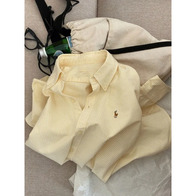 Chemisier rayé jaune décontracté pour femme, coupe ample, à manches longues, boutonné, pour le printemps et l'automne