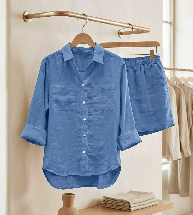 Ensemble décontracté 2 pièces en coton et lin pour femme, été-automne, chemise à manches longues et short, ensemble deux pièces, tenue de sport