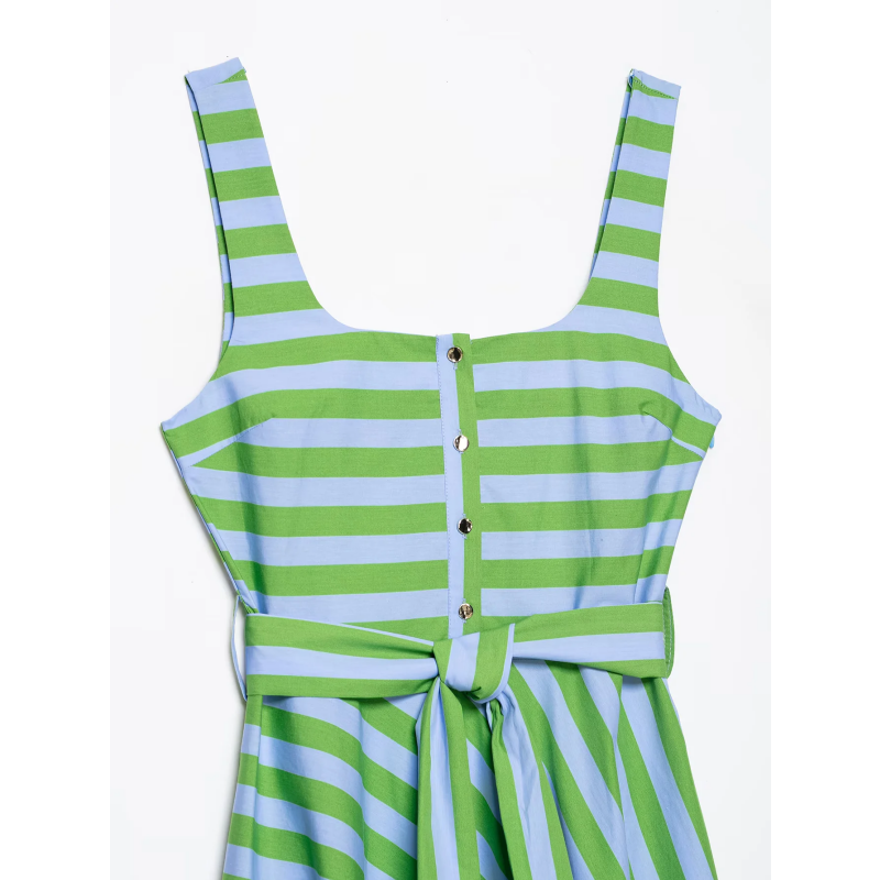 Robe midi chic pour femme, style été, avec ceinture, rayures, boutons sur le devant, fermeture éclair latérale, bretelles vintage, col carré, design élégant