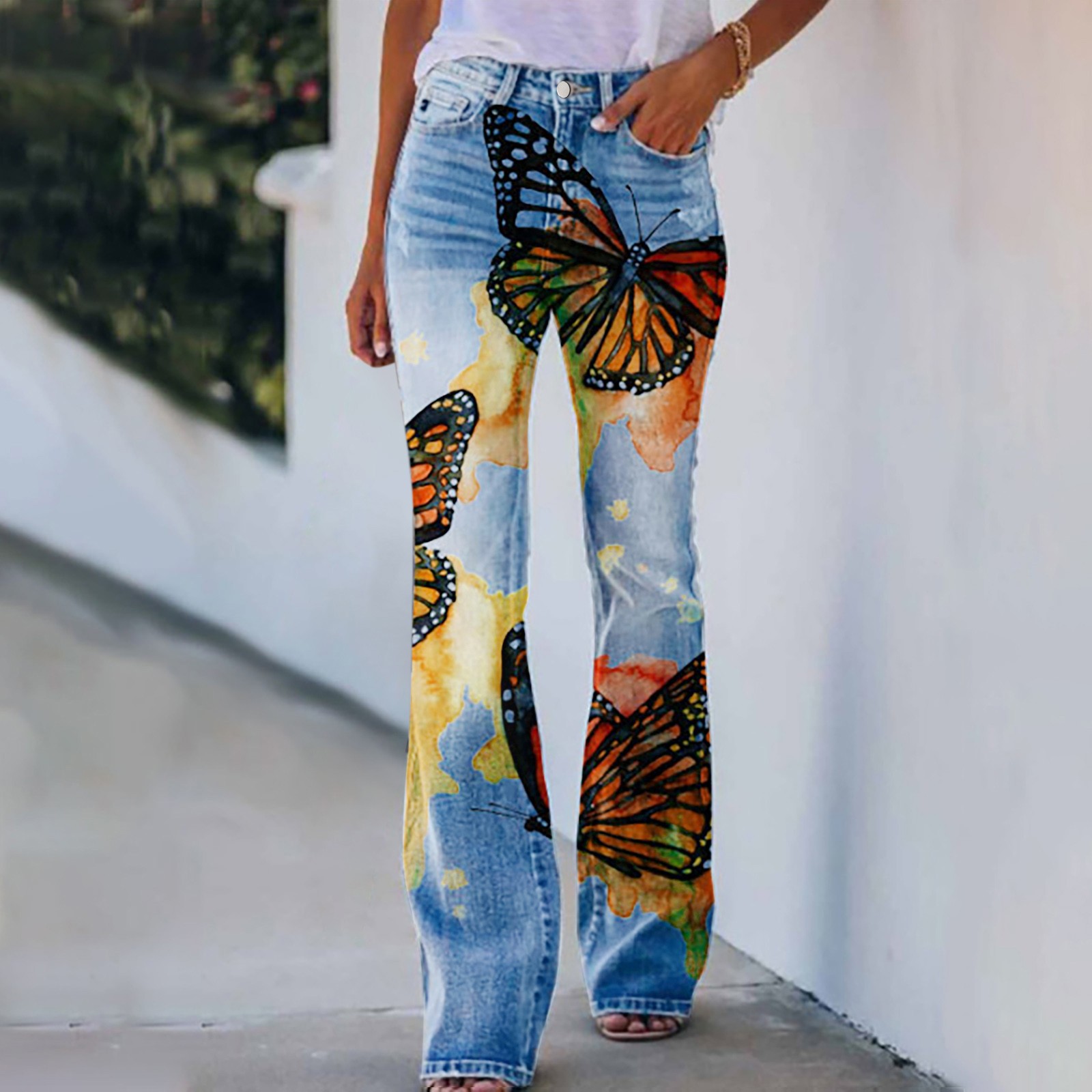 Jean Cargo Taille Haute pour Femme, Pantalon en Denim Évasé, Imprimé Floral, Faux Denim