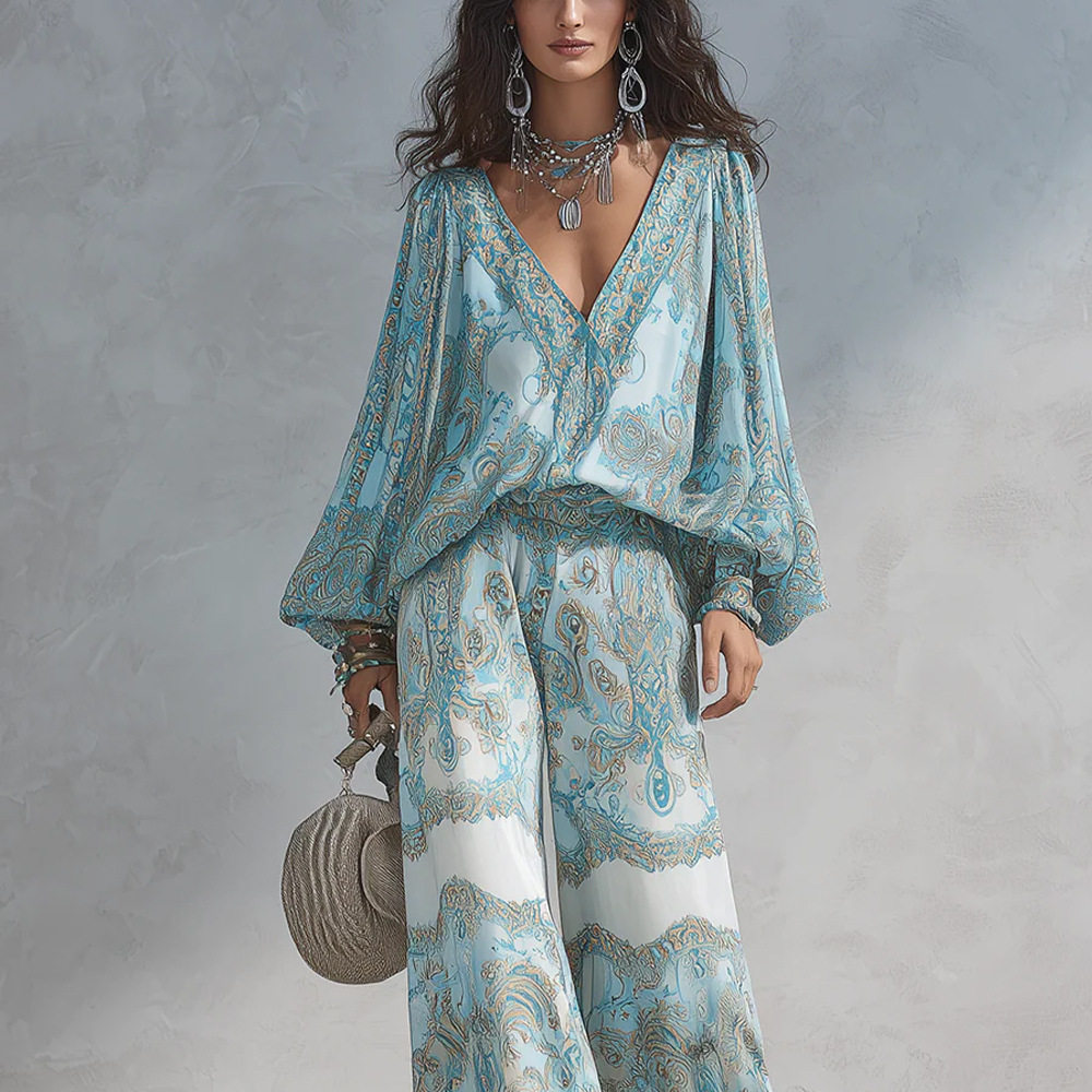 Ensemble deux pièces bohème pour femme, imprimé cachemire, sexy, col en V profond, chemisier à manches longues, pantalon large, tenue décontractée pour les vacances