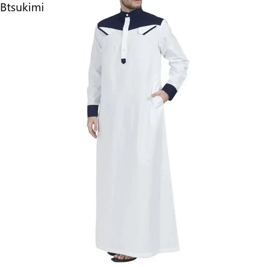 Thobe musulmane confortable pour hommes, Caftan à manches longues, couleur contrastée, vêtements musulmans, col Mandarin, Robe musulmane pour moyen-orient, 2026