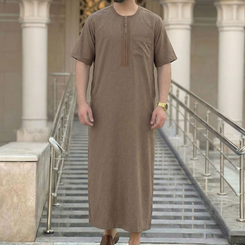 Jubba Thobe à manches courtes pour hommes musulmans, Kaftan islamique vintage marocain, Djellaba de prière brodée en mélange de viscose, Tunique Abaya pour homme