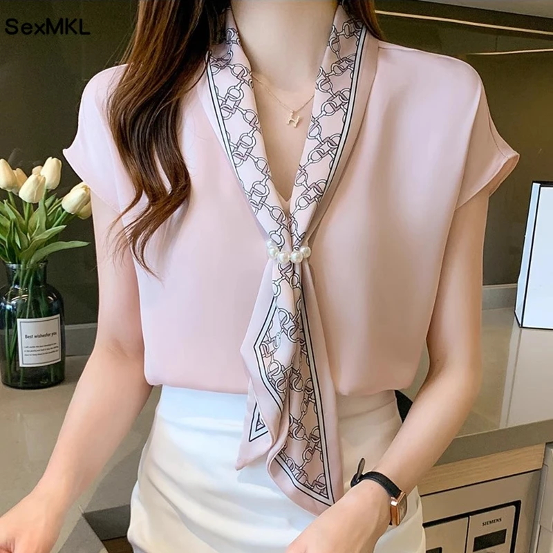 Blouses d'été pour femmes 2026, chemisier simple en mousseline de soie pour femme de bureau, chemise à lacets, hauts décontractés, style coréen OL, blouses amples roses