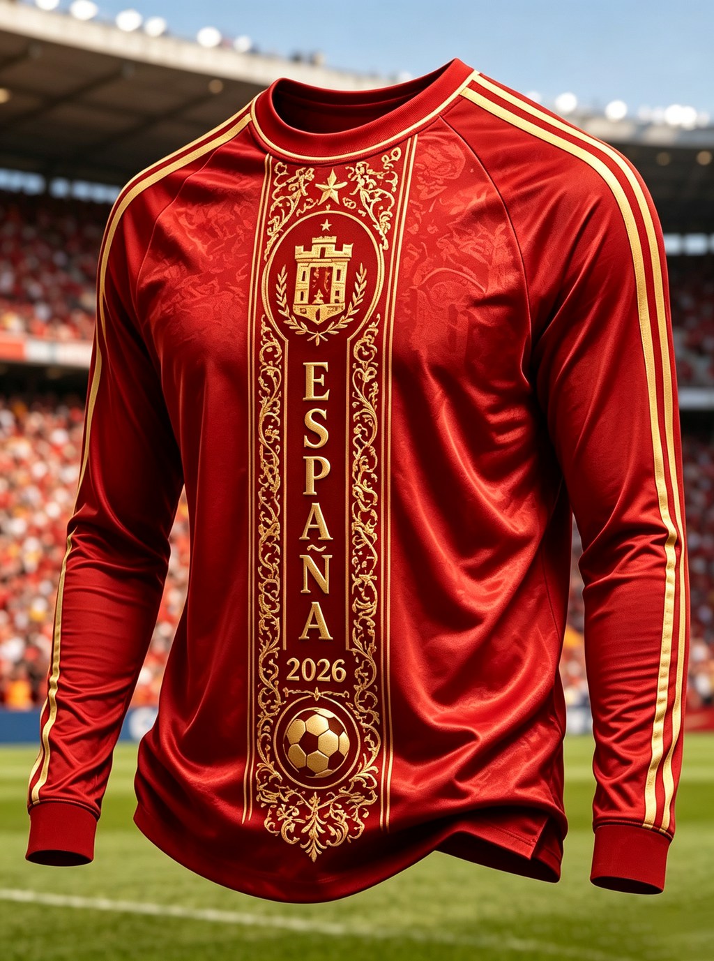 Maillot de football unisexe à manches longues Espagne 2026 pour adultes et enfants, impression dorée en relief, séchage rapide, 2 styles de manches