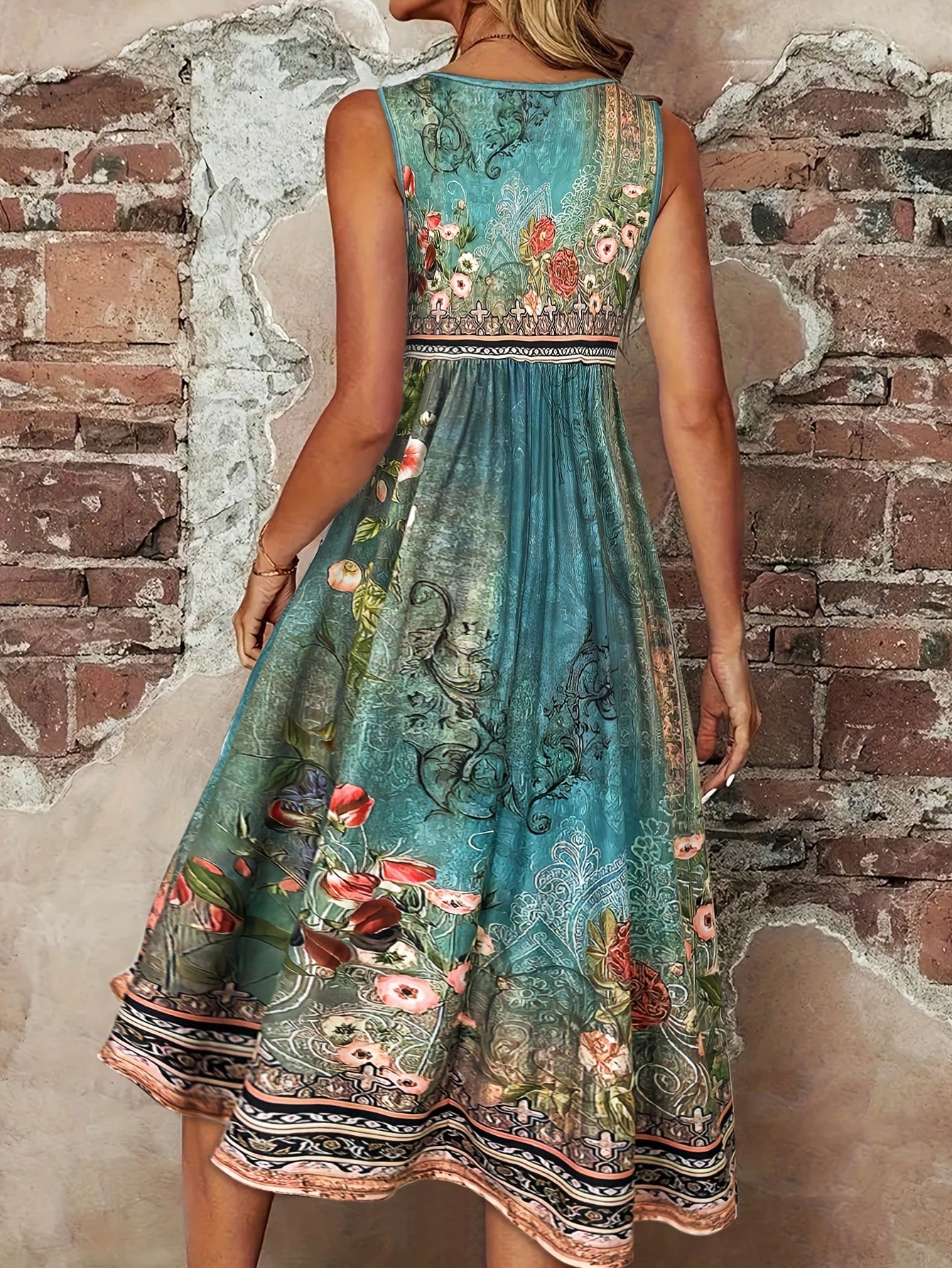 Robe Bohème Florale Sans Manches pour Femme, Imprimé Turquoise Vintage, Col Rond, Taille Haute, Coupe Évasée, Longueur Midi