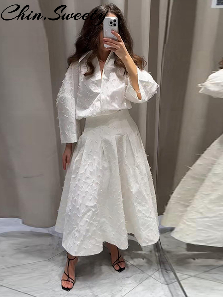Élégant blanc gland chemise jupe femmes tenue revers à manches longues bouton chemises plissées mi jupes 2025 été 2 pièces dame ensemble