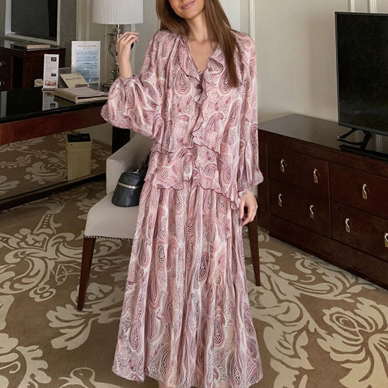 Femmes mode robes imprimées femme à manches longues col en v robe de soirée printemps été Chic Streetwear dame élégante robes en mousseline de soie