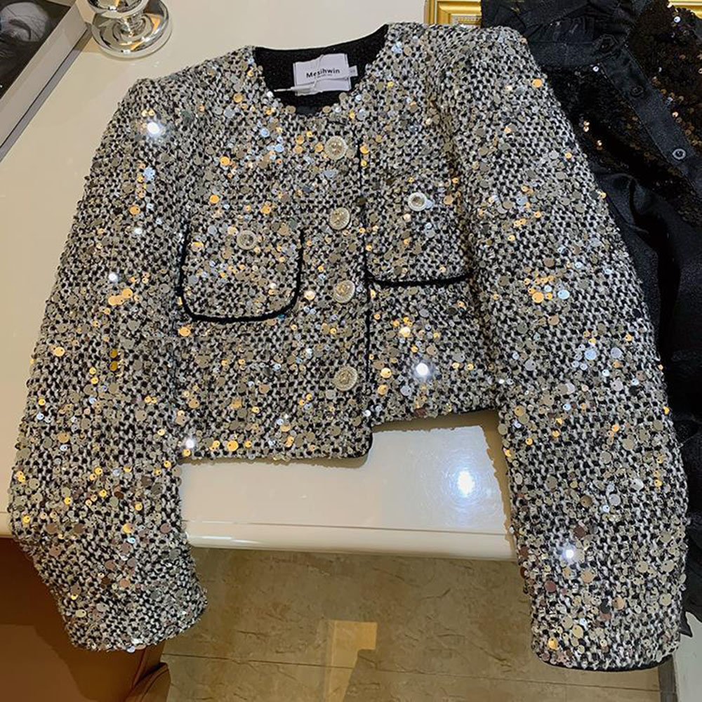 Veste à paillettes vintage pour femmes, vestes courtes argentées, manteau élégant pour dames de bureau, mode coréenne, printemps, chic, 2024