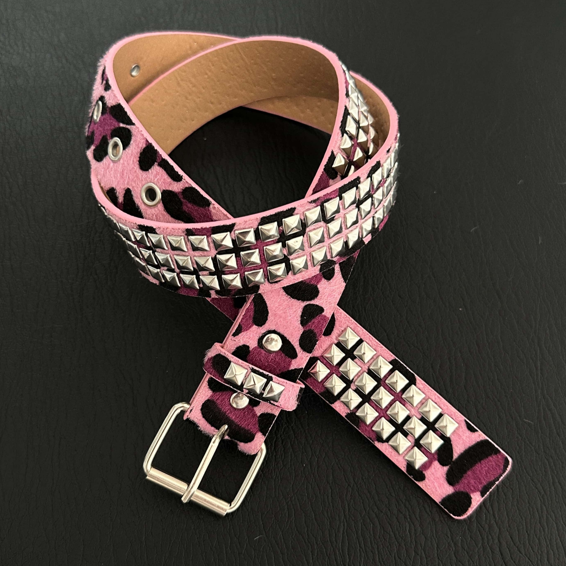 Ceinture à rivets imprimée léopard rose, style vintage Y2K, design haut de gamme, accessoire de tenue tendance et polyvalent