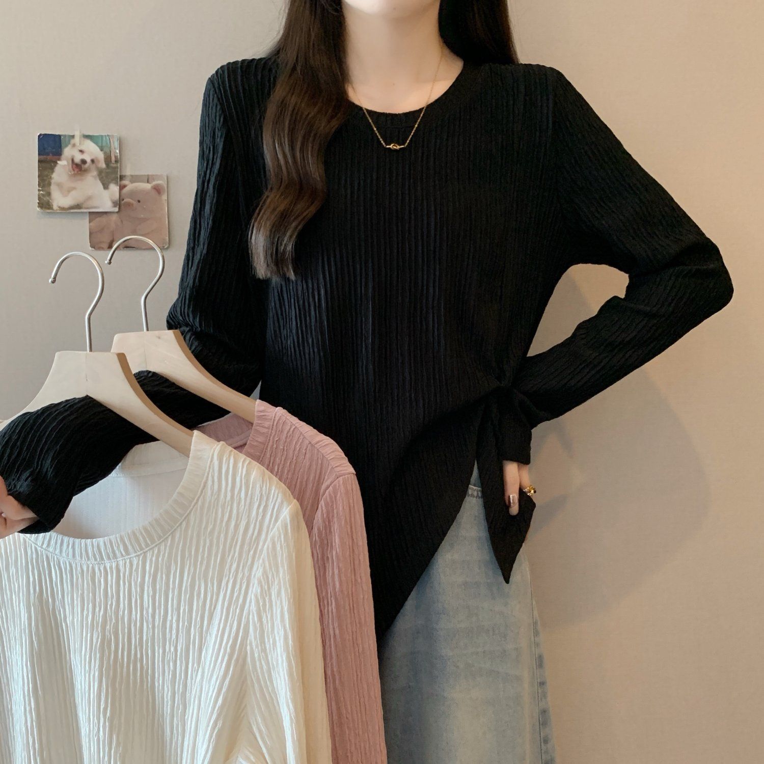 T-shirt à manches longues pour femmes, grande taille, nouvelle collection printemps-automne, couleur unie, ample et léger, texture irrégulière, à bords fendus