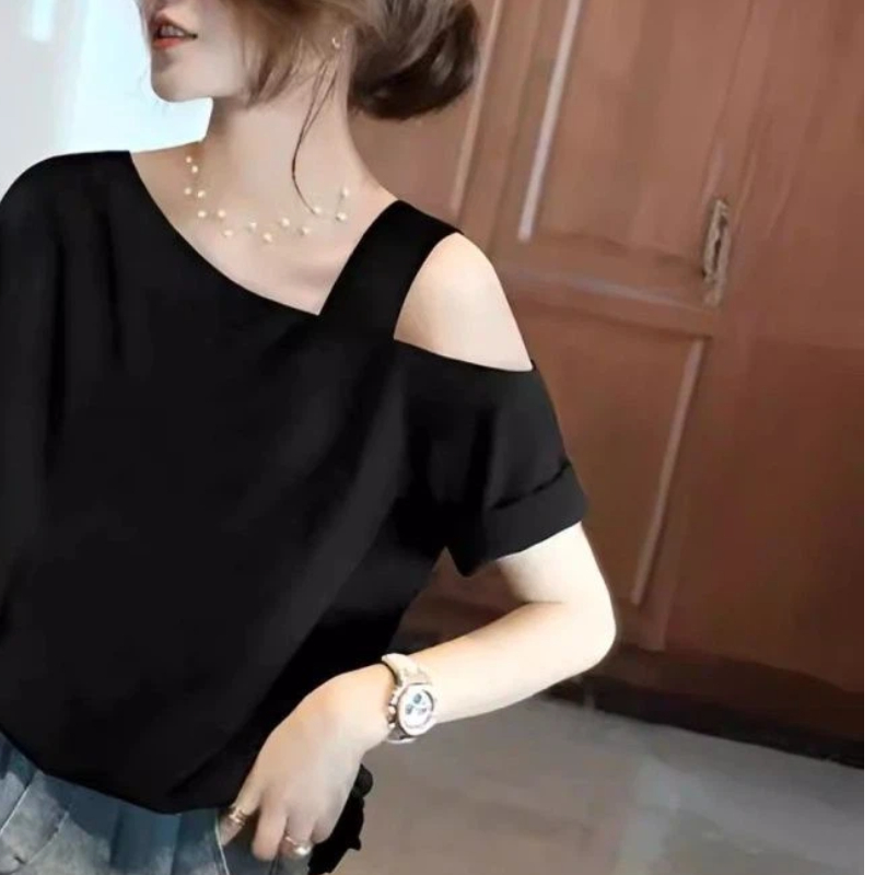 T-shirt décontracté à épaules dénudées pour femme, style vintage ample à manches courtes, couleur unie, mode estivale décontractée