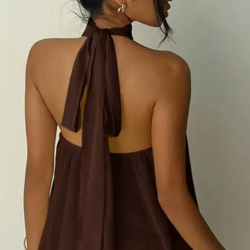 Robe de plage bohème pour femme, ensemble 2 pièces en mousseline, haut à col halter et jupe courte, collection été 2026, sexy et dos nu