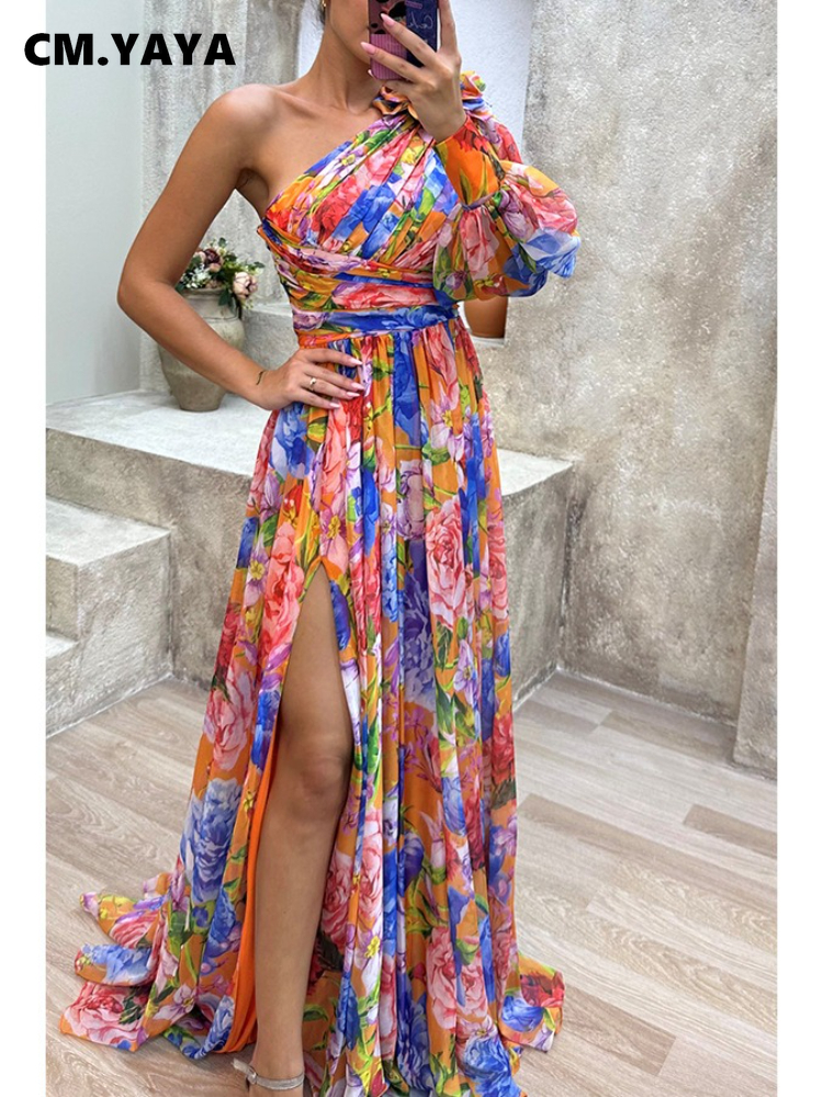 CM.YAYA femmes imprimé fleuri une manches longues haute fente a-ligne en mousseline de soie Maxi longue robe 2025 vacances anniversaire plage Boho robes