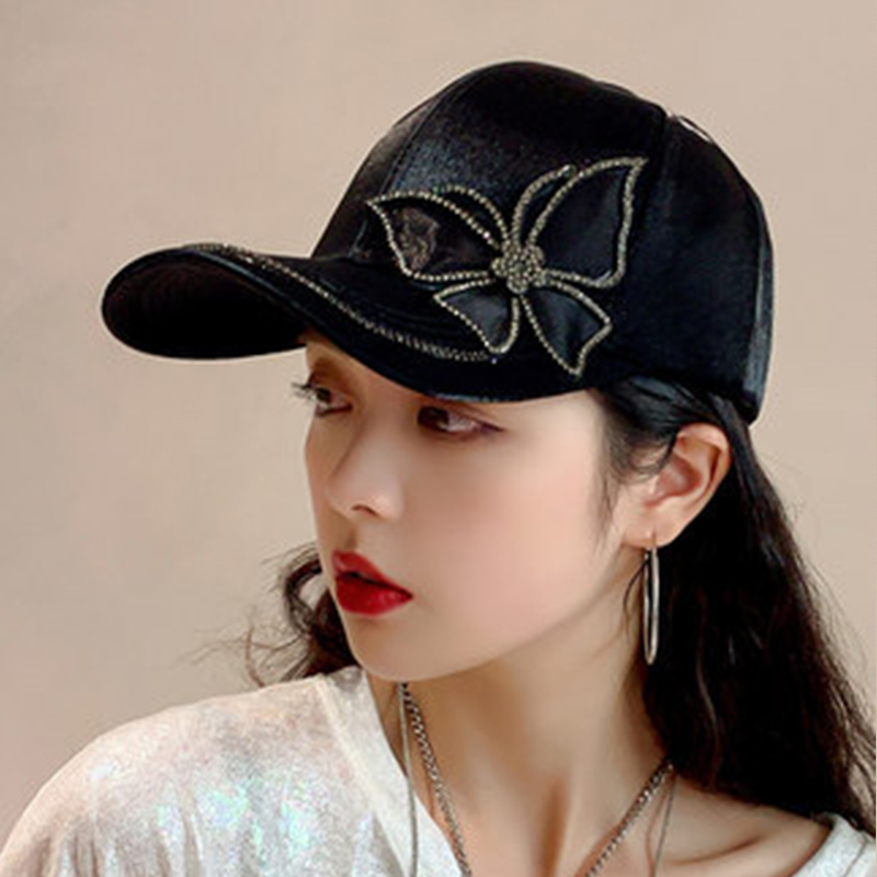 Casquette de Baseball pour femmes, strass papillon, Chic, mode féminine, chapeau à visière, soie brillante, Satin, queue de cheval, Bonnet, pare-soleil à Long bord