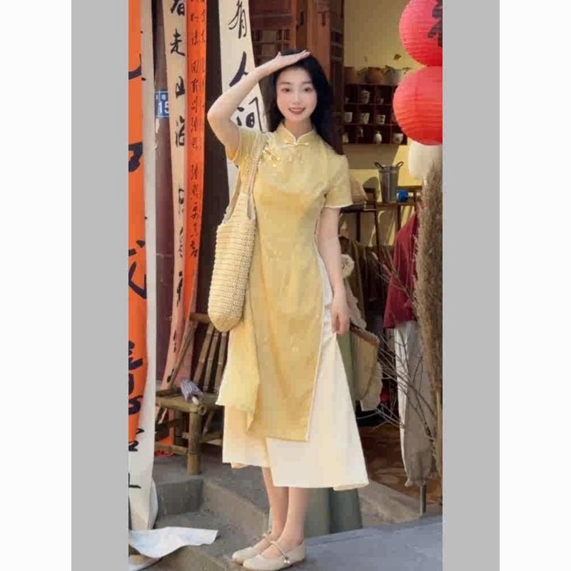 Robe pour femmes, style chinois, cheongsam amélioré, manches courtes, robe mi-longue