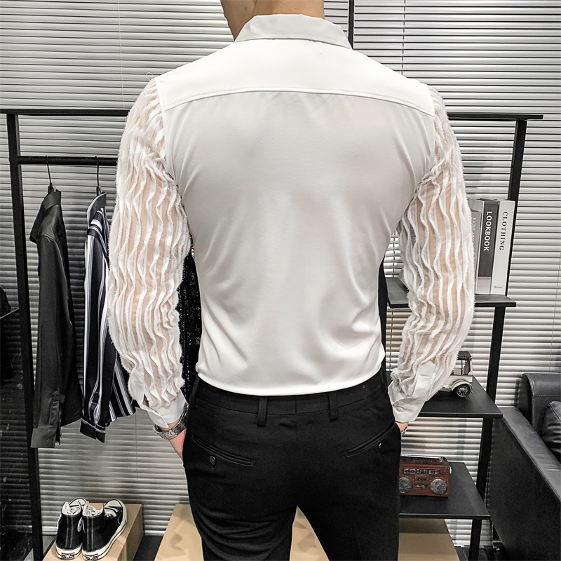 Chemises ajourées en dentelle pour hommes, manches longues, coupe Slim, Streetwear, fête sociale, Blouse, discothèque, chanteur, vêtements Dj, Camisas Para Hombre